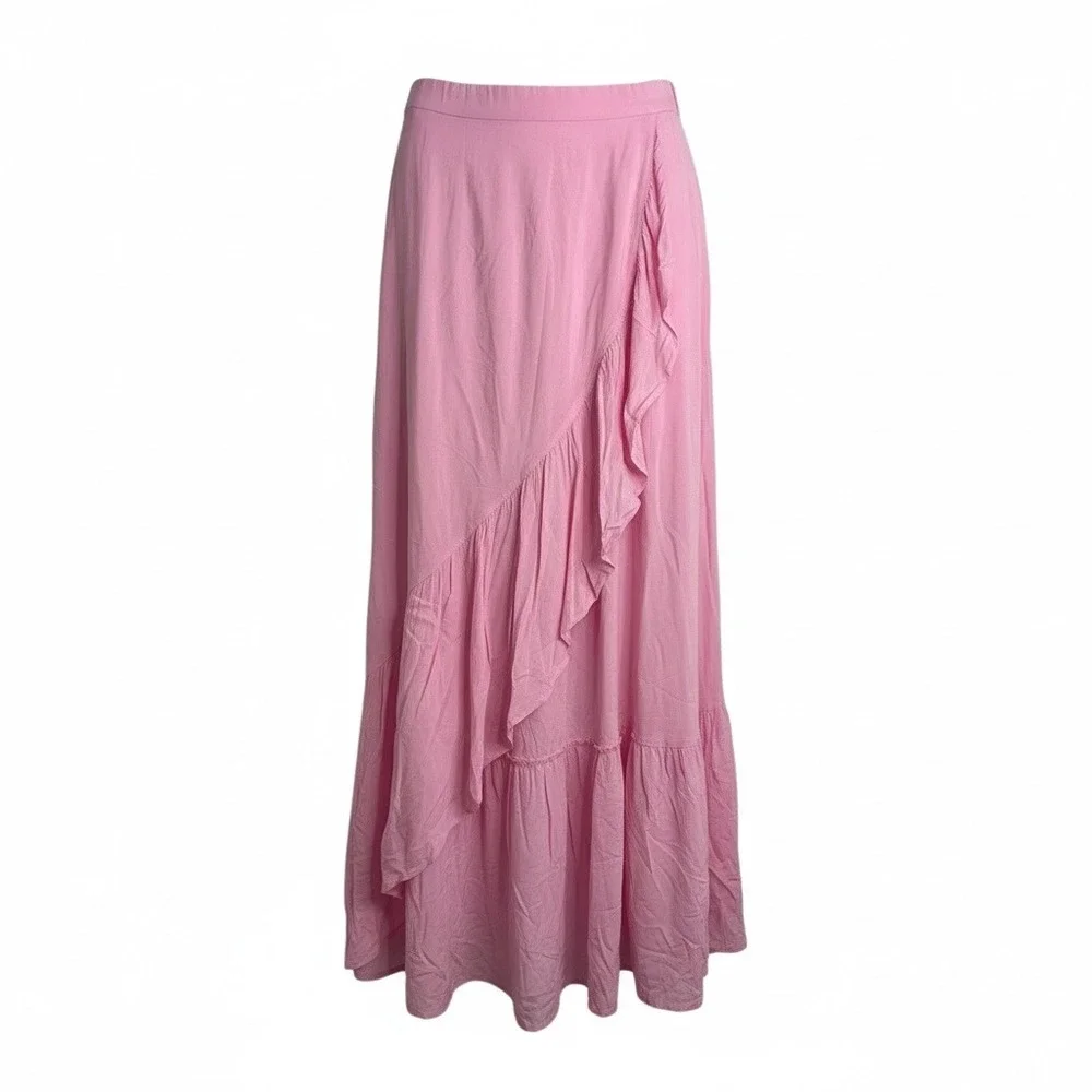 NWT Halara Light Pink Ruffle Split Front Maxi Skirt Elastic Waist Size Large - Picture 1 of 8